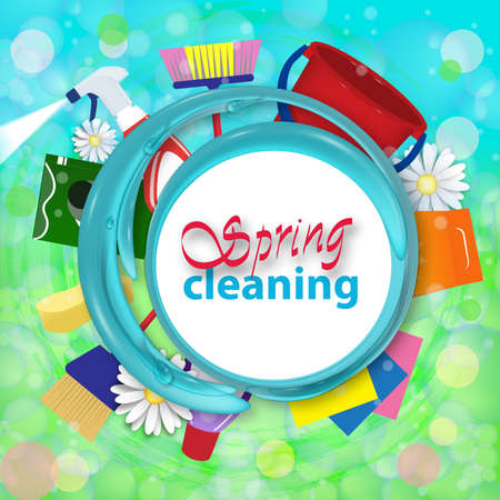 Spring cleaning background with water splash. Services cleaning. Blurred poster with soap bubbles. Tools for cleanliness and disinfection. Vector illustration.のイラスト素材