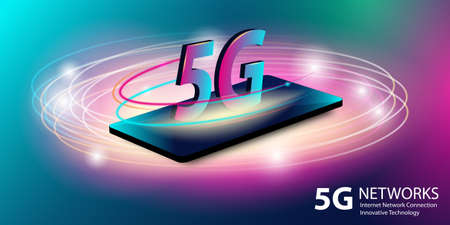 5G network. Innovative generation of the global high speed Internet broadband. New wireless internet wifi connection. Glowing neon abstract background. Vector illustration.のイラスト素材