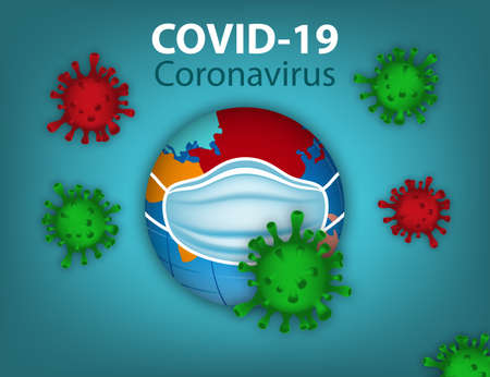 Pandemic Coronavirus disease COVID-19 infection. Contagion and propagation of a disease. Virus cells goes around the world. Planet Earth in medical mask. Vector illustration.のイラスト素材