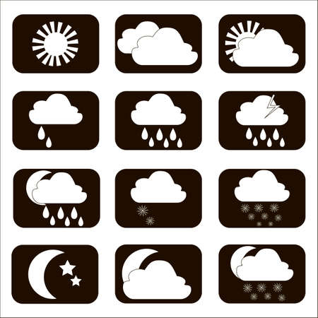 Set vector weather icons. The sun, cloud, moon, rain and snow. Set of white icon weather forecast on a black background. Illustration.のイラスト素材