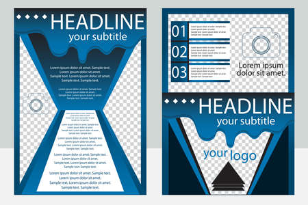 Template design of brochures with place for your photo. A sample of blue flyer. Vector illustration.のイラスト素材