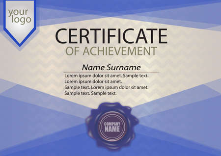 Blue certificate or diploma template with wax seal. Winning the competition. Award winner. Vector illustration.のイラスト素材