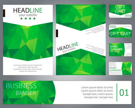 Templates brochure design, banner, gift cards, business cards. Set. Green polygonal style. Vector illustration.のイラスト素材