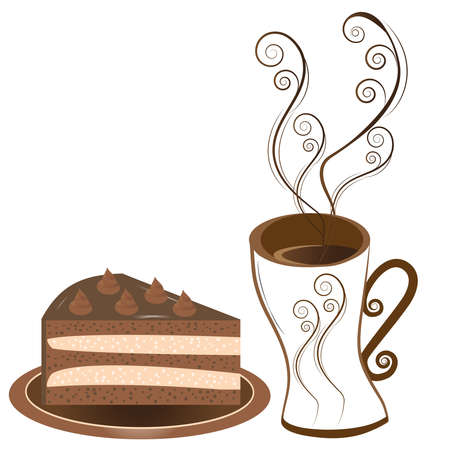 A piece of delicious chocolate cake with cream on a plate and a cup of coffee with decorative elements. Vector illustration.のイラスト素材