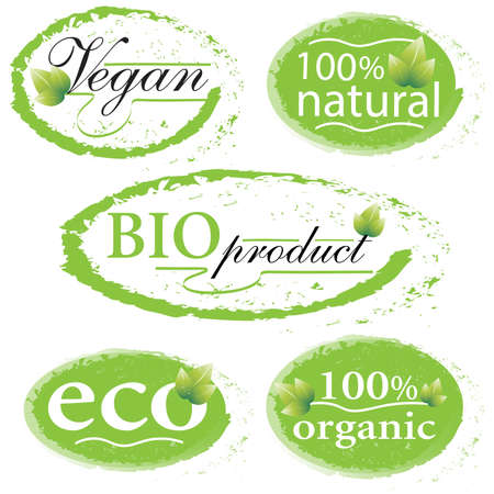 Green, eco, bio and organic labels and stickers on a white background. Vector illustration.のイラスト素材