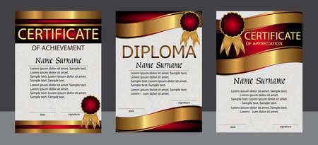 Certificate of achievement, appreciation, diploma vertical template. Set red and gold. Reward. Award winner. Winning the competition. The text on separate layer. Vector illustration.のイラスト素材