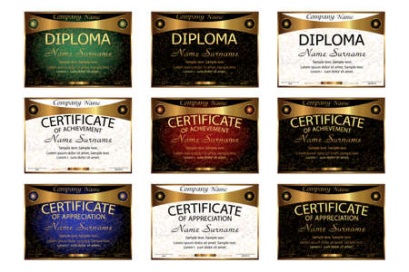 Set diploma, certificate of appreciation, achievement. Horizontal template. Gold. Reward. Winning the competition. Award winner. Vector illustration.のイラスト素材