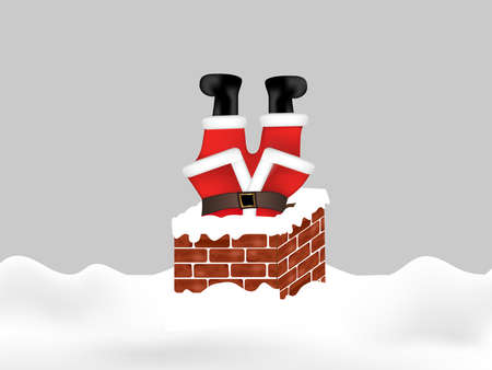 Santa Claus stuck in the chimney upside down. Christmas background. Vector illustration.のイラスト素材