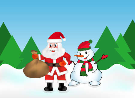 Santa Claus with keeps a bag full of gifts and Snowman in the snow forest on the background of Christmas trees. Vector illustration.のイラスト素材