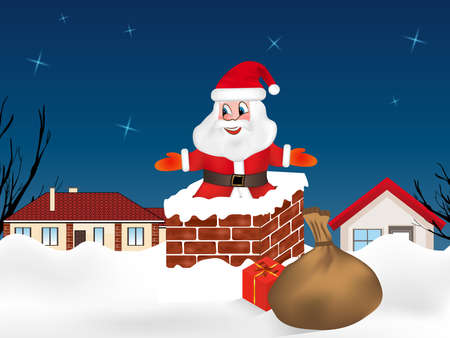 Santa Claus jumping into the chimney and sack full of gifts. Winter night city. Christmas card. Vector illustration.のイラスト素材