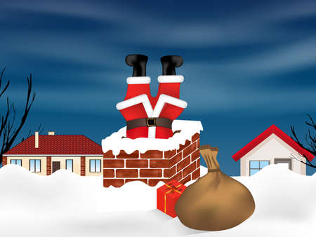 Santa Claus stuck in the chimney upside down and sack full of gifts. Winter snowy landscape. Christmas background. Vector illustration.のイラスト素材