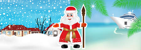 Russian Santa Claus or Father Frost invites from winter to summer to celebrate Christmas on the beach. New Year cruis. Vector illustration.のイラスト素材