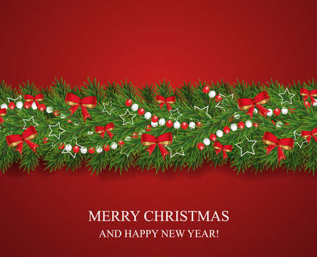 Christmas and happy New Year garland and border of realistic looking Christmas tree branches decorated with red bows, white stars and beads. Horizontal vector illustration.のイラスト素材