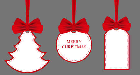 Set stickers and labels with red bows. Holiday Christmas or New Year symbols. Vector illustration.のイラスト素材