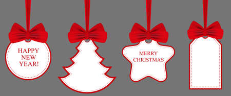 Set labels and stickers with red bows. Holiday Christmas or New Year symbols. Vector illustration.のイラスト素材