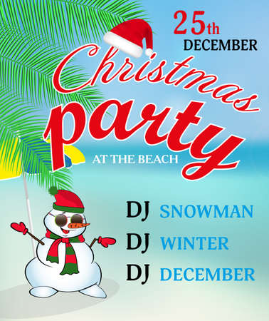 Christmas party at the beach poster or banner seashore landscape with palm and snowman. Vector illustration.のイラスト素材