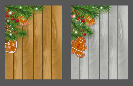 Set Christmas wooden backgrounds with Gingerbread cookies, Christmas tree branches and Holly berries for Xmas and New Year design. Vector illustration.のイラスト素材