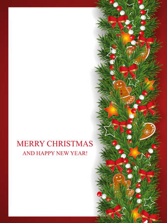 Christmas and New Year vertical background decorated garland and border of realistic looking Christmas tree branches decorated with Berries, stars and Gingerbread cookies, beads. Vector illustration.のイラスト素材