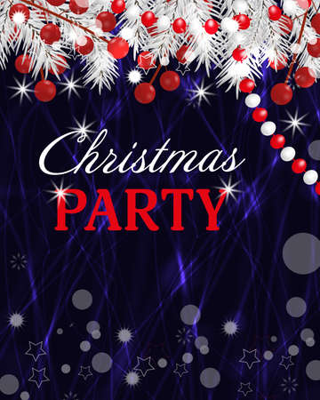 Christmas background party invitation template with fir white branches, beads and holly berry. Vector illustration.のイラスト素材
