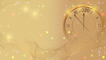Gold shiny New Year 2020 poster with golden clock. Light Christmas background template. Bright Xmas...