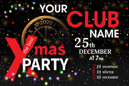 Christmas or New Year 2020 party invitation template. Xmas bright black background decorated golden clock and light garlands. Vector illustration.のイラスト素材