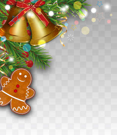 Christmas border decorations with fir branches, golden bells, holly berries, gingerbread cookies man. Design element for Xmas or New Year banner on transparent background. Vector illustration.のイラスト素材