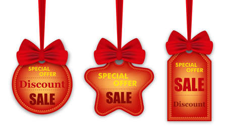 Set colorful stickers, labels for holiday sales hanging on ribbons with red bows isolated on white background. Shape of circle, rectangle and star. Vector illustration.のイラスト素材