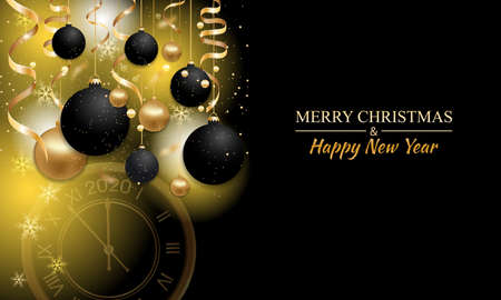 New Year black and golden background decorated Christmas balls, ribbons, snowflakes and clock. Glowing hanging Xmas ornament. Elegant decoration for greeting card, poster or banner. Vectorのイラスト素材