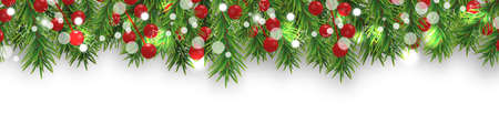 Christmas bright border with Christmas tree branches and holly berries on white background. Happy New Year decoration. Vector illustration.のイラスト素材