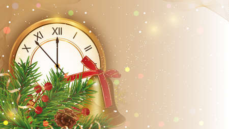 Christmas or New Year lights background with golden clock, bell with ribbon and holly berries, branches Christmas tree and cone. Xmas template. Vector illustration.のイラスト素材