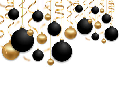 Christmas black and gold balls and golden ribbons isolated on white background. Xmas and New Year baubles decoration. Vector illustration.のイラスト素材