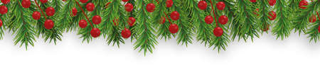 Christmas and Happy New Year decoration border with Christmas tree branches and holly berries on white background. Vector illustration.のイラスト素材