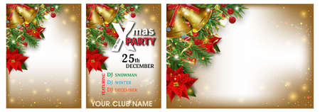 Christmas and New Year backgrounds set decorations with fir branches, golden bells, Christmas flowers poinsettia and holly berries. Xmas party invitations templates. Vector illustration.のイラスト素材
