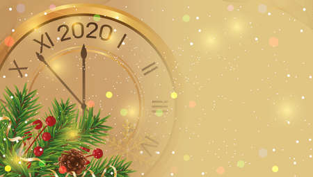 Christmas or New Year 2020 lights background with golden clock, branches Christmas tree, cone, ribbon and holly berries. Gold Xmas template. Vector illustration.のイラスト素材