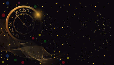 Happy New Year 2020 and Christmas glow black background with golden clock. Bright Xmas banner. Vector illustration.のイラスト素材