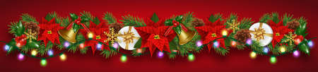 Christmas border decorations garland with fir branches, Christmas flowers poinsettia, golden bells, holly berries and gifts boxes. Design element for Xmas and New Year card on red background. Vectorのイラスト素材