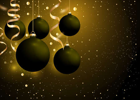 Christmas and New Year background with black baubles balls and golden ribbons on dark black background. Glowing hanging Christmas ornament. Winter holiday decoration. Vector illustration.のイラスト素材