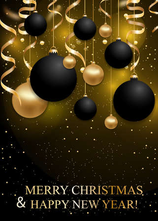 Christmas and New Year background with black and golden baubles Christmas balls, ribbons on black background. Glowing Xmas decoration. Winter holiday poster. Copy Space. Vector illustration.のイラスト素材