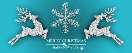 Christmas pattern silver deer and snowflake. Xmas decoration with reindeer. Happy New Year blue background. Template for greeting card, banner or poster. Vector illustration.のイラスト素材