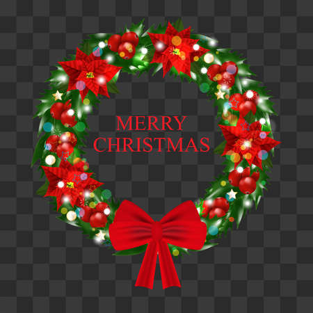 Christmas Wreath of holly with red berries decorated Christmas flowers poinsettia, red bows, gold stars and bubbles, glowing lights isolated on transparent background. Vector illustration.のイラスト素材