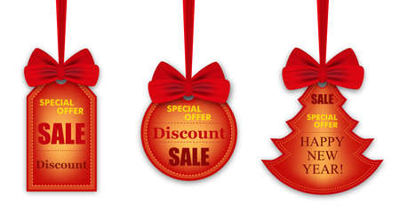 Set colorful stickers, labels for holiday sales Christmas and New Year hanging on ribbons with red bows isolated on white background. Shape of circle, Christmas tree and rectangle. Vector illustrationのイラスト素材