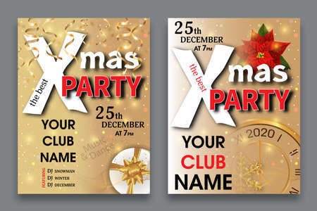 Christmas party invitation template. Xmas and New Year 2020 golden light background decorated festive elements. Vector illustration.のイラスト素材