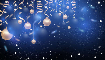 Christmas blue background with Christmas balls and ribbons. Xmas and New Year decoration for banner or poster. Vector illustration.のイラスト素材