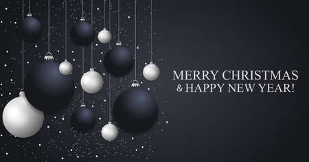 Christmas dark blue background with hanging Christmas balls. Happy New Year decoration. Elegant Xmas banner or poster. Copy Space. Vector illustration.のイラスト素材