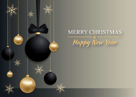Christmas background elegant decorated golden and black Christmas balls with bow, snowflakes. New Year and Xmas design for greeting card, poster or banner. Vector illustration.のイラスト素材