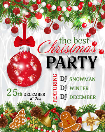Christmas Party invitation template. Background for Xmas, New Year with decorations red ball, fir branches, gingerbread cookies, gift box, golden bells, holly berries, cones, Christmas tree. Vectorのイラスト素材