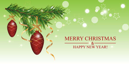 Christmas background with fir branches, red baubles cones and golden ribbons. Green Xmas banner or poster. New year decoration. Vector illustration.のイラスト素材