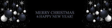 Christmas black banner with Christmas balls and silver snowflakes. Happy New Year decoration. Elegant Xmas background. Copy Space. Vector illustration.のイラスト素材