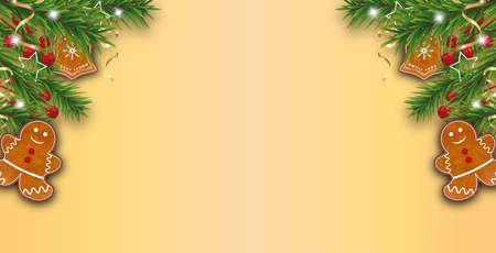 Yellow Golden Xmas background decorated Christmas tree branches with gingerbread cookies, holly...