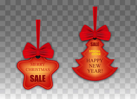 Colorful stickers or labels for holiday sales Christmas and New Year hanging on ribbons with red bows isolated on transparent background. Shape of Christmas tree and star. Vector illustration.のイラスト素材